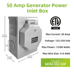 NEMA SS2-50P 50 Amp Generator Power Inlet Box ETL Listed