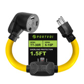 RV 30 Amp to 110V Adapter with Overload Protection Circuit Breaker, 3-Prong 15/20 Amp NEMA 5-15P Household Plug to 30 Amp NEMA TT-30R Female Connector