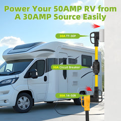 Overload Protector 30 Amp to 50 Amp RV Adapter Plug for Camper with Circuit Breaker NEMA TT-30P to NEMA 14-50R Electrical Power Adapter
