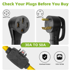 Overload Protector 30 Amp to 50 Amp RV Adapter Plug for Camper with Circuit Breaker NEMA TT-30P to NEMA 14-50R Electrical Power Adapter