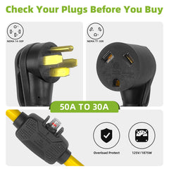 Overload Protector 50 Amp to 30 Amp RV Adapter Cord with Circuit Breaker, NEMA 14-50P to NEMA TT-30R Electrical Power Adapter