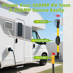 Overload Protector 50 Amp to 30 Amp RV Adapter Cord with Circuit Breaker, NEMA 14-50P to NEMA TT-30R Electrical Power Adapter