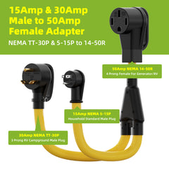 Portvoi 15/30Amp to 50 Amp RV Adapter for Camper NEMA 5-15 & TT-30 to 14-50R For Campground Travel Van Trailer - 2
