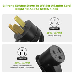 Portvoi 50 Amp Stove Plug Adapter Cord to Welder, NEMA 10-50P to 6-50R For Welder Plasma Cutter EV Charger