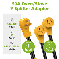 Portvoi NEMA 10-50 Splitter Cord, 6 Gauge 240V Splitter Industrial Male Plug 10-50P to (2) 10-50R Female connectors, 6 AWG, 3 feet