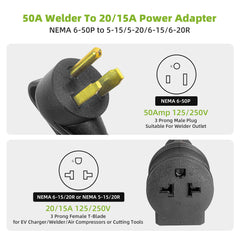 NEMA 6-50P to 6-20/15R or 5-20/15R EV Charger Adapter with Built-in Breaker