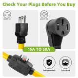 Overload Protector 50 Amp to 110 Volt 15Amp RV Adapter Cord with Circuit Breaker, 3 Prong 15A NEMA 5-15P to 4 Prong NEMA 14-50R Adapter