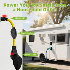 Overload Protector 50 Amp to 110 Volt 15Amp RV Adapter Cord with Circuit Breaker, 3 Prong 15A NEMA 5-15P to 4 Prong NEMA 14-50R Adapter