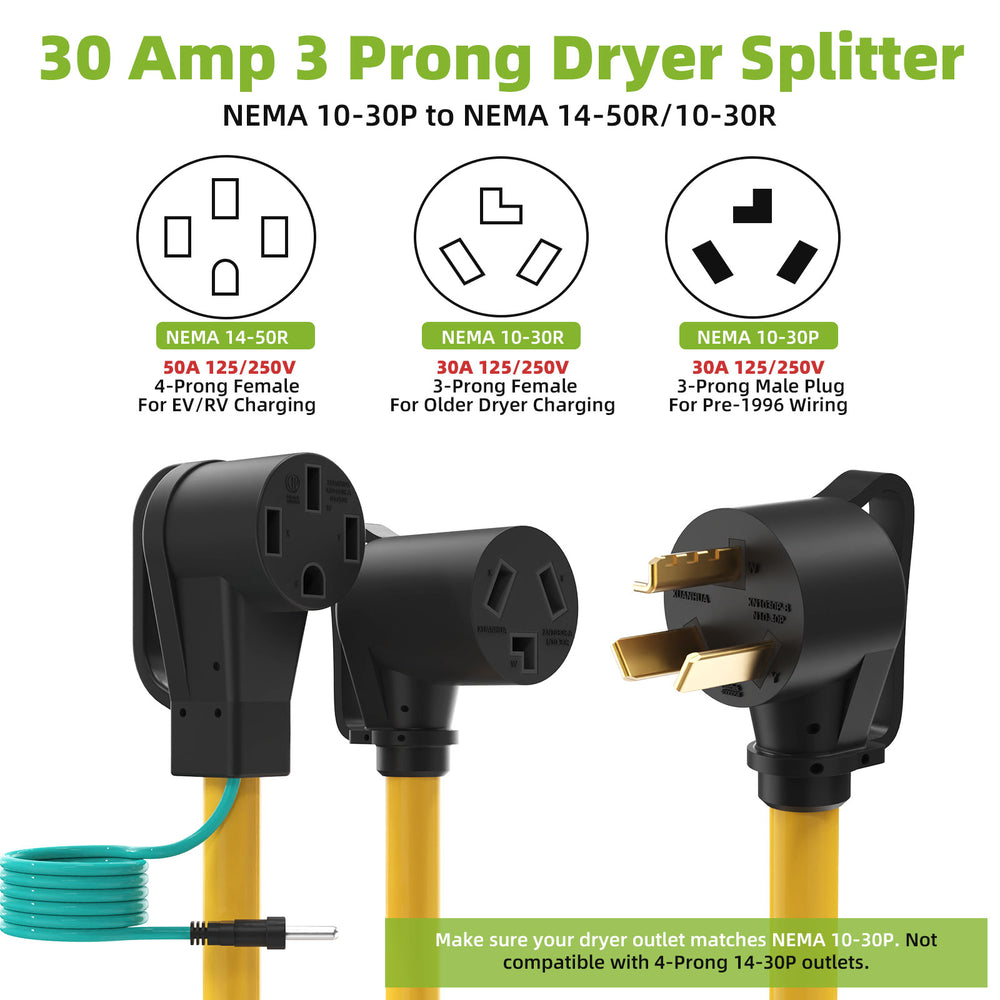 30 Amp 3 Prong Dryer Y Splitter Adapter to EV/RV, NEMA 10-30P to 14-50R/10-30R