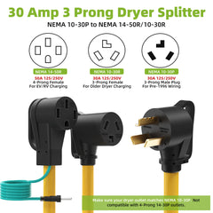 30 Amp 3 Prong Dryer Y Splitter Adapter to EV/RV, NEMA 10-30P to 14-50R/10-30R