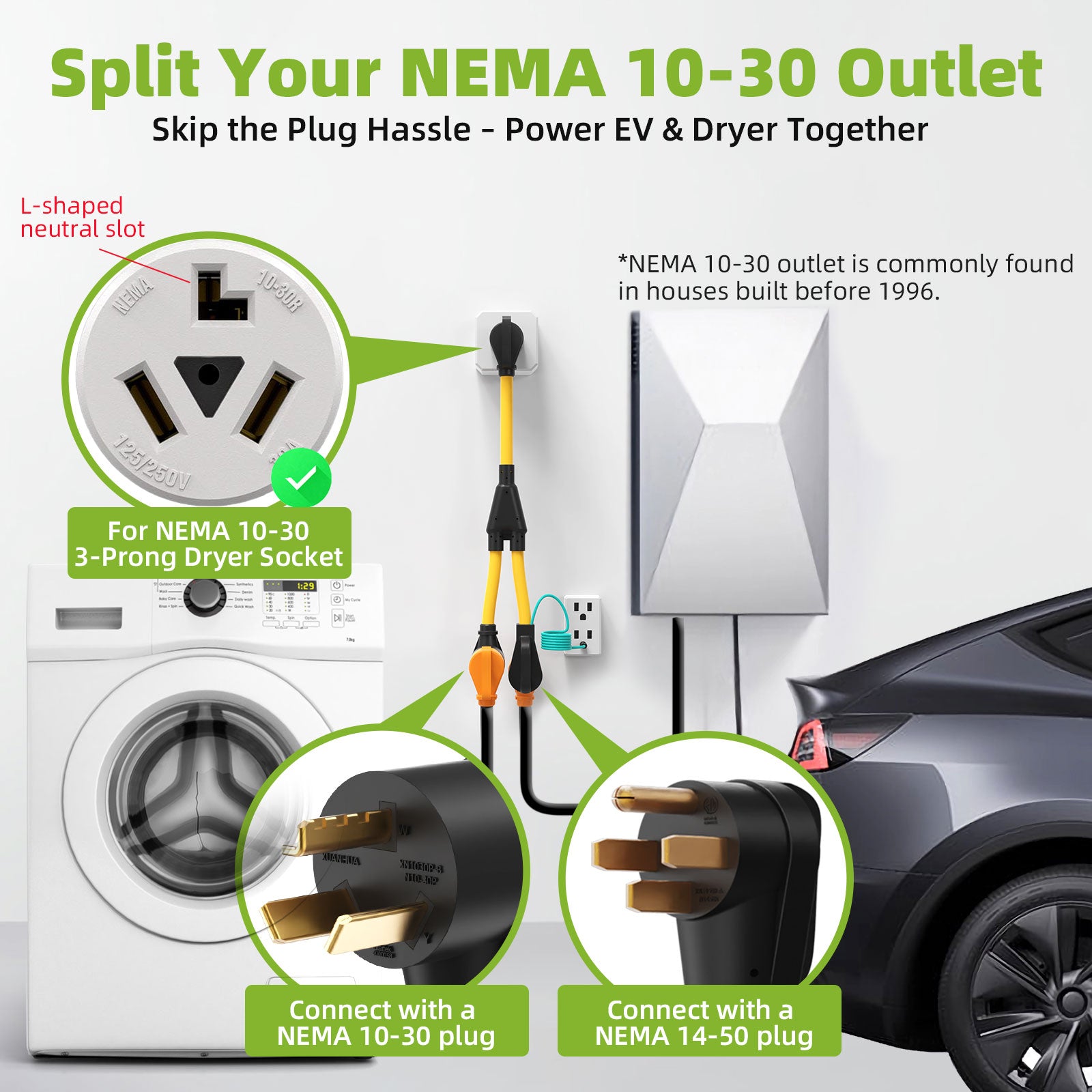 30 Amp 3 Prong Dryer Y Splitter Adapter to EV Charging, NEMA 10-30P to 14-50R/10-30R