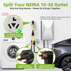30 Amp 3 Prong Dryer Y Splitter Adapter to EV Charging, NEMA 10-30P to 14-50R/10-30R