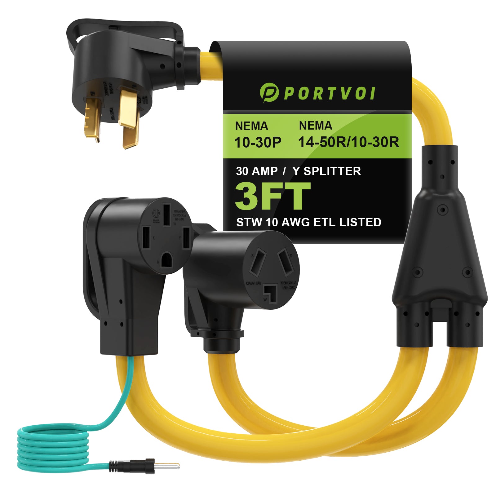 30 Amp Dryer Y Splitter Adapter Cord with Handle, NEMA 10-30P to 14-50R/10-30R, 3 Prong to 4 Prong, for EV/RV Charging at Dryer Outlet, 10 AWG, ETL Certified, 3FT Cord with Safety Ground Wire Main image