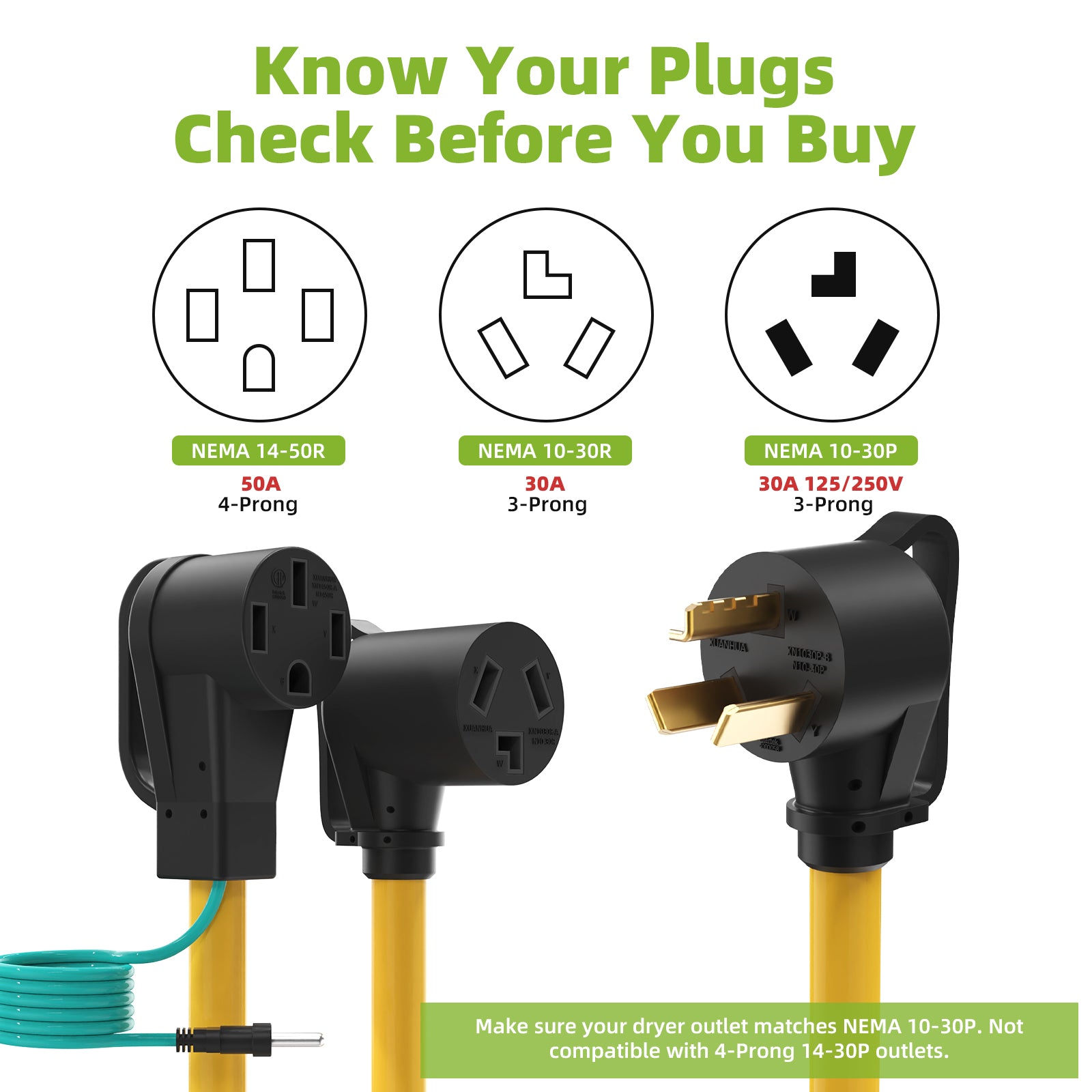 30 Amp Dryer Y Splitter Adapter Cord with Handle, NEMA 10-30P to 14-50R/10-30R, 3 Prong to 4 Prong, for EV/RV Charging at Dryer Outlet, 10 AWG, ETL Certified, 3FT Cord with Safety Ground Wire