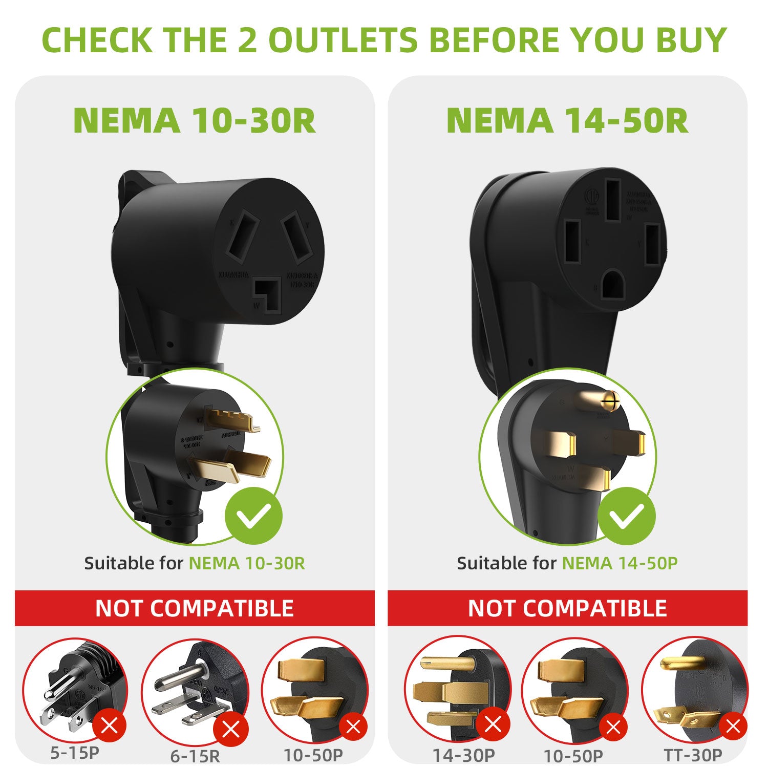 30 Amp Dryer Y Splitter Adapter to EV/RV, NEMA 10-30P to 14-50R/10-30R Extension Cord for EV/RV Charging at Dryer Outlet