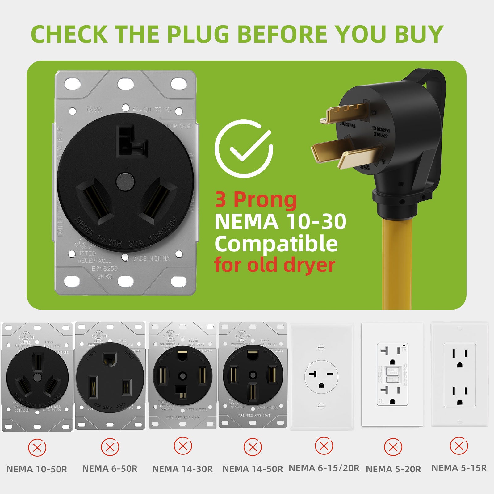 30 Amp Dryer Y Splitter Adapter to EV/RV, NEMA 10-30P to 14-50R/10-30R Extension Cord for EV/RV Charging at Dryer Outlet