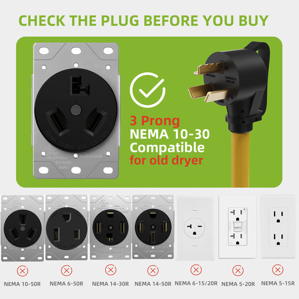 30 Amp Dryer Y Splitter Adapter to EV/RV, NEMA 10-30P to 14-50R/10-30R Extension Cord for EV/RV Charging at Dryer Outlet