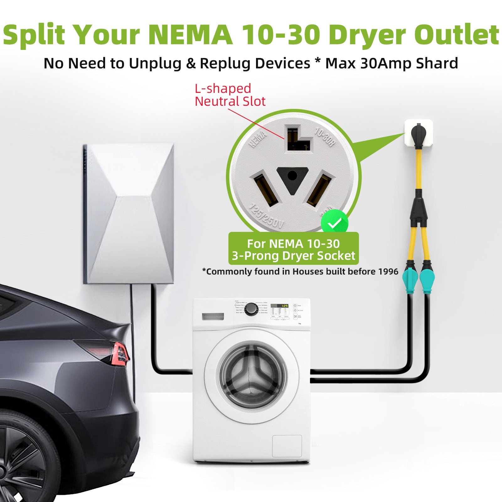 30 Amp Dryer Y Splitter Adapter to Welder, NEMA 10-30P to 6-50R/10-30R for Welder/EV Charging/Plasma Cutters