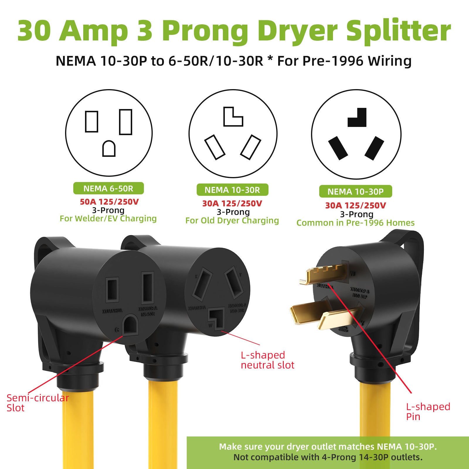 30 Amp Dryer Y Splitter Adapter to Welder, NEMA 10-30P to 6-50R/10-30R for Welder/EV Charging/Plasma Cutters Secondary image