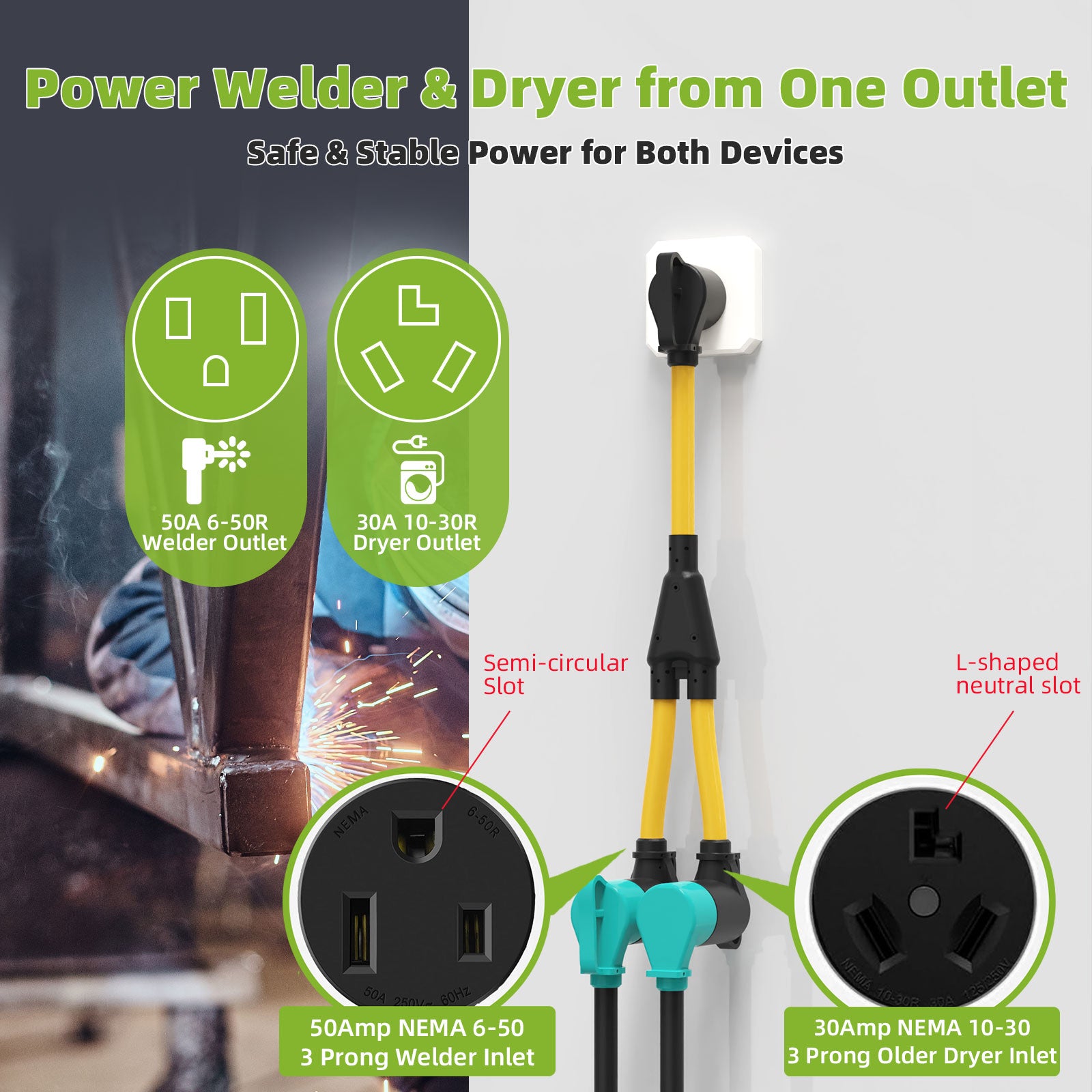 30 Amp Dryer Y Splitter Adapter to Welder, NEMA 10-30P to 6-50R/10-30R for Welder/EV Charging/Plasma Cutters