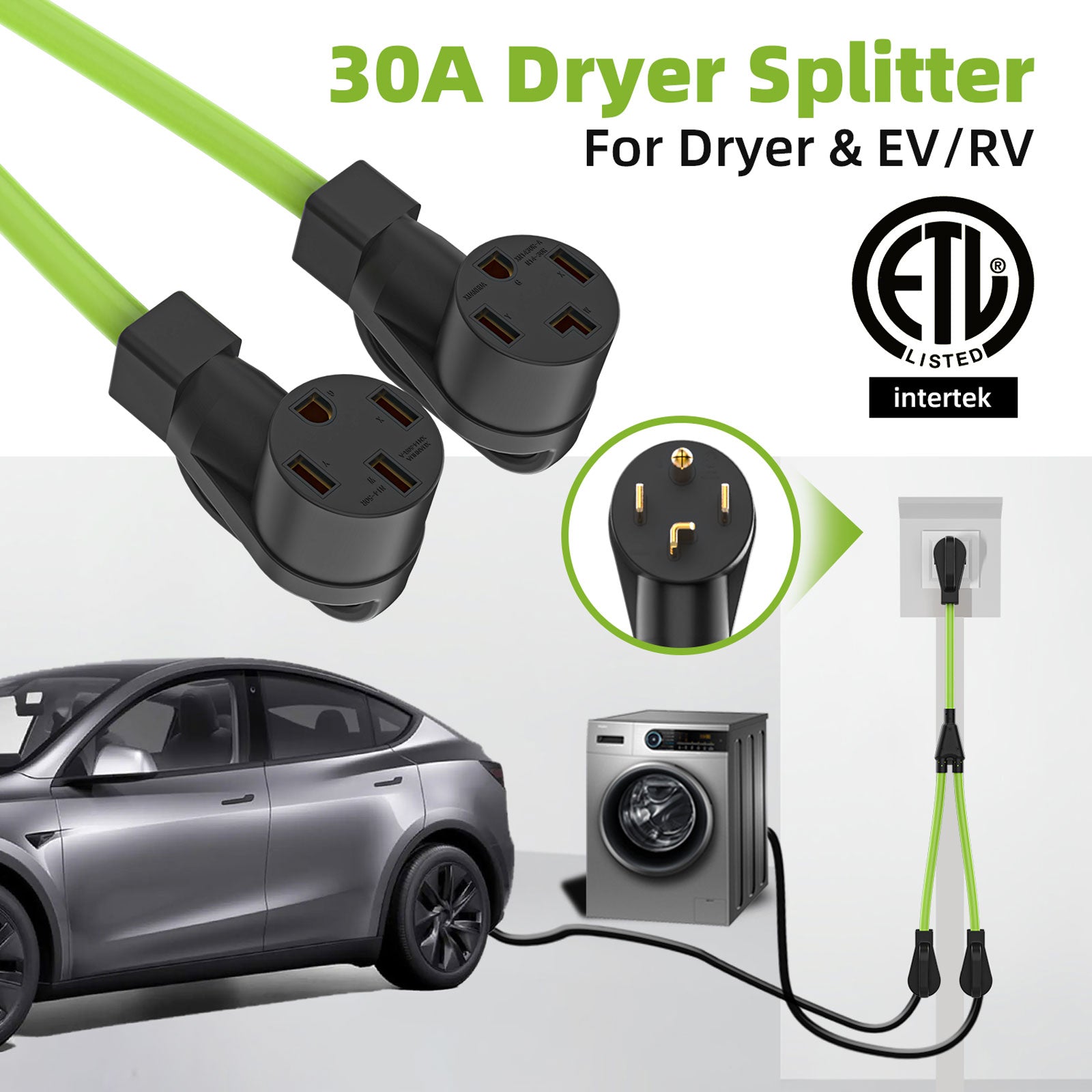 30 Amp Dryer Y Splitter to EV/RV Charging, NEMA 14-30P to 14-50R/14-30R 4-Prong Adapter Cable, Heavy-Duty 10 AWG 250V Power Cord for Dryer Outlet, 3ft, ETL Listed Secondary image