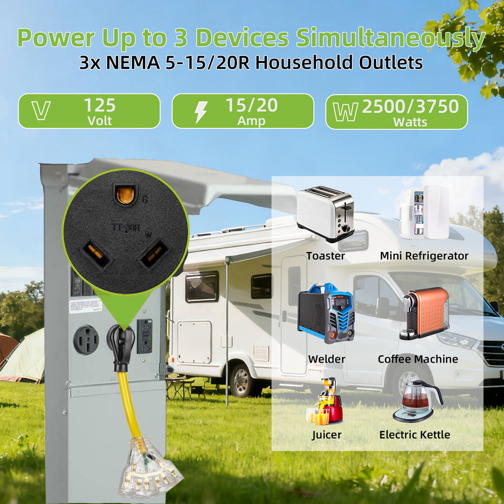 Portvoi NEMA TT-30P to 3X 5-20R 5-15R T-Blade Household Outlet with LED Power Indicator