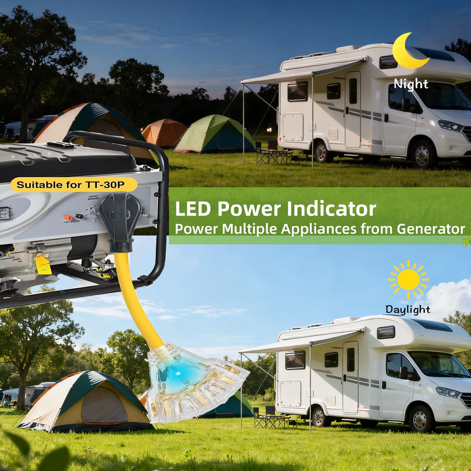 Portvoi NEMA TT-30P to 3X 5-20R 5-15R T-Blade Household Outlet with LED Power Indicator