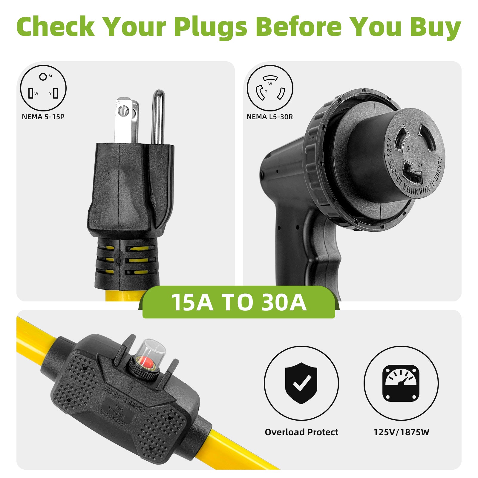 30 Amp to 110V RV Adapter Cord with Overload Protection Circuit Breaker, NEMA 5-15P to NEMA L5-30R Twist Lock Female Connector, 3 Prong 15A Male Plug to 30A Power Converter, for RV Camper Trailer Secondary image