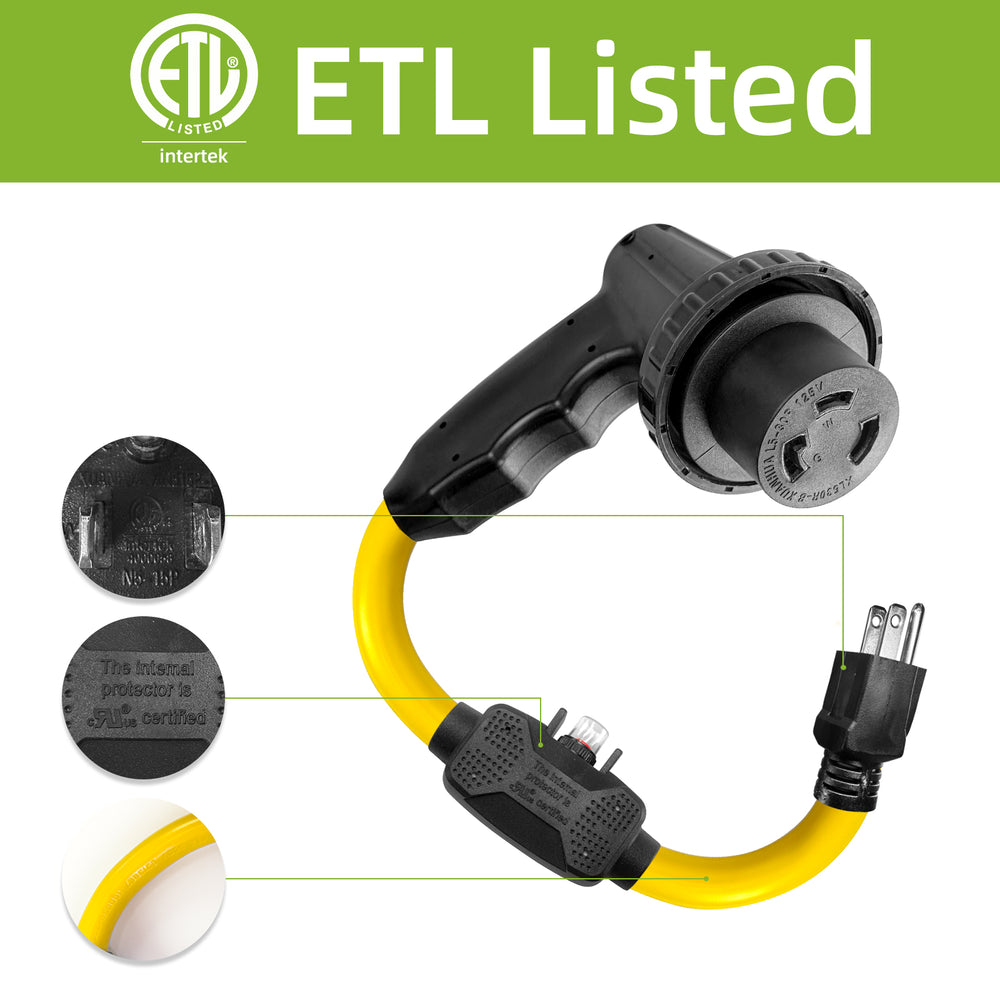 30 Amp to 110V RV Adapter Cord with Overload Protection Circuit Breaker, NEMA 5-15P to NEMA L5-30R Twist Lock Female Connector, 3 Prong 15A Male Plug to 30A Power Converter, Heavy-Duty 10AWG Copper Wire, 1.5 FT ETL Listed for RV Camper Trailer