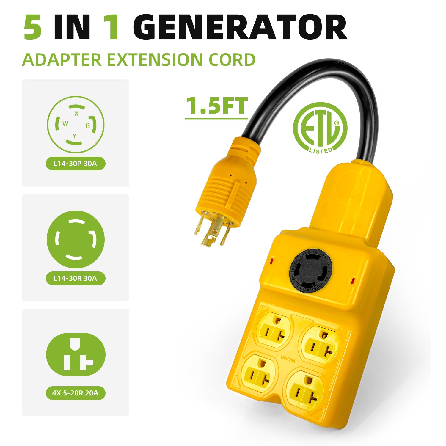 30 Amp to 120V Splitter Cord, NEMA L14-30P to 4X 5-15/5-20R & 1x L14-30R Generator Extension Cord
