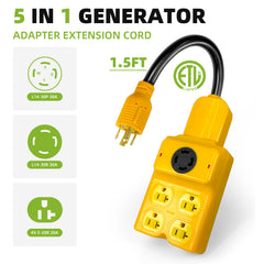 30 Amp to 120V Splitter Cord, NEMA L14-30P to 4X 5-15/5-20R & 1x L14-30R Generator Extension Cord