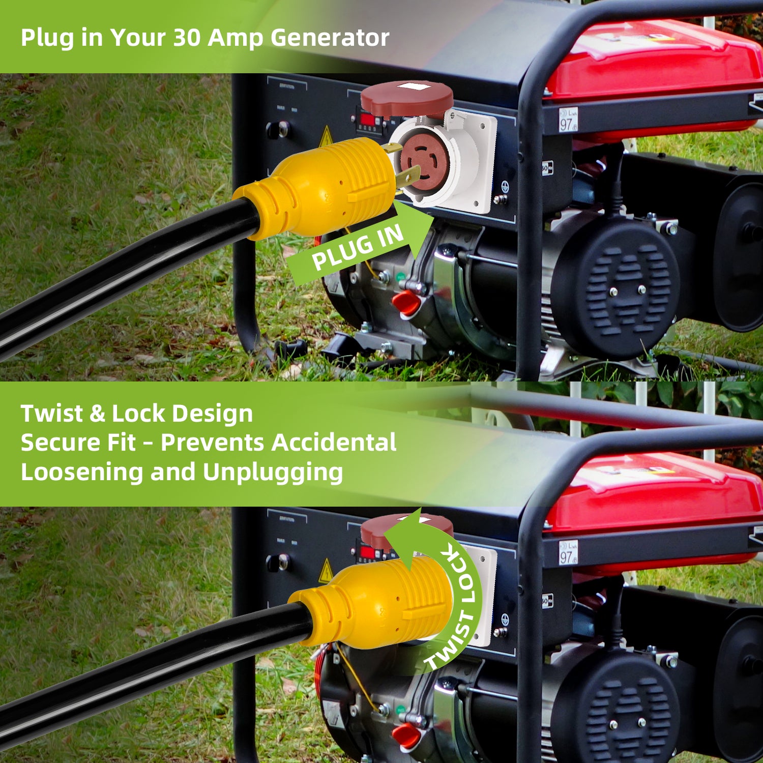 30 Amp to 120V Splitter Cord, NEMA L14-30P to 4X 5-15/5-20R & 1x L14-30R Generator Extension Cord