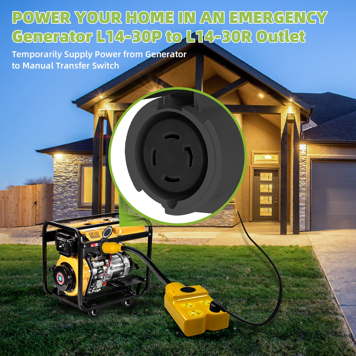30 Amp to 120V Splitter Cord, NEMA L14-30P to 4X 5-15/5-20R & 1x L14-30R Generator Extension Cord