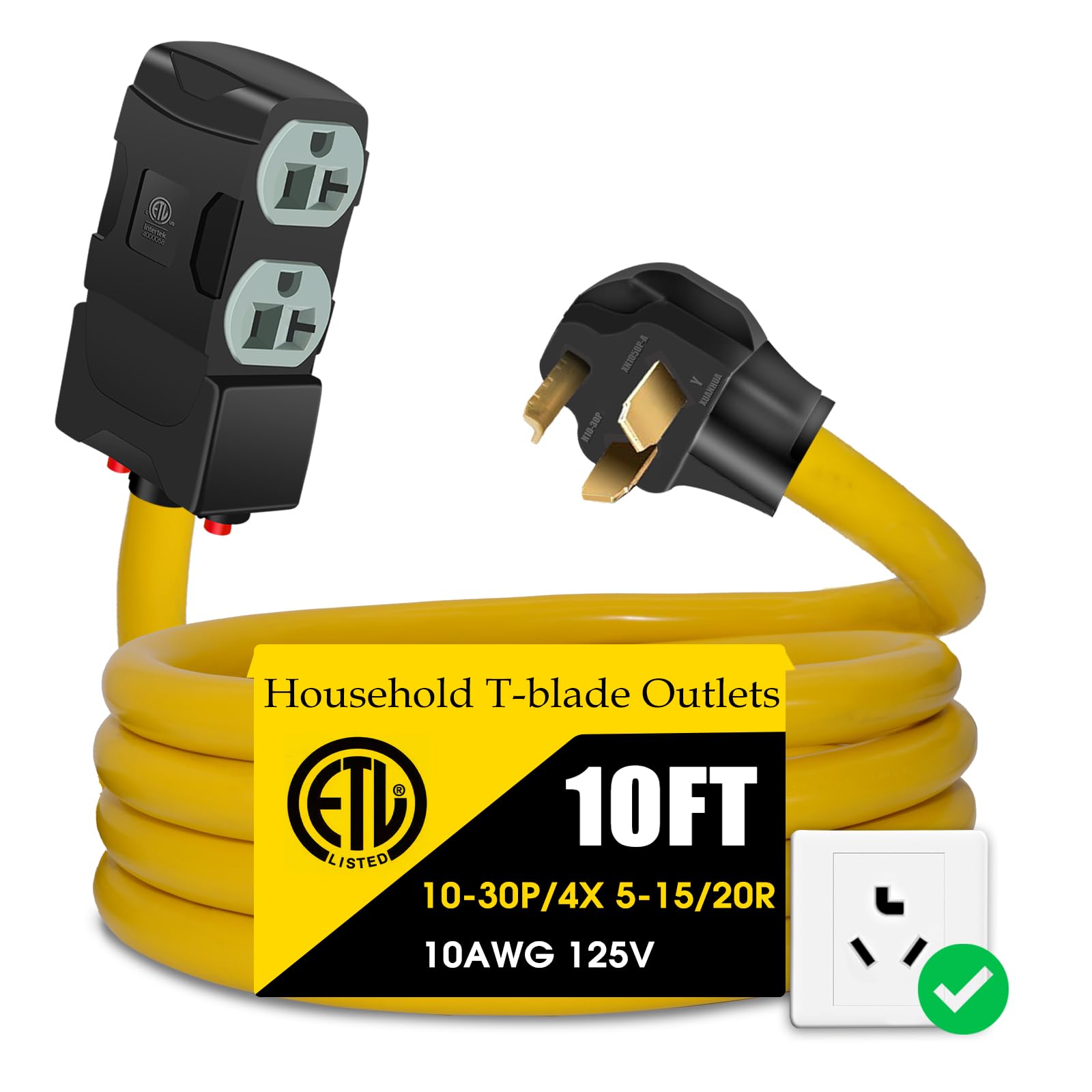 30Amp to 20Amp 110V Adapter, Compatible with NEMA 10-30P to 4X 5-20R/15R with 20 Amp Circuit Breaker, 240V to 120V Dryer Power Distribution Adapter Main image