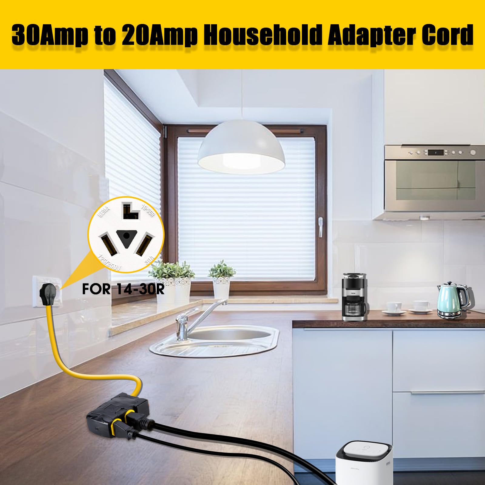 30Amp to 20Amp 110V Adapter, Compatible with NEMA 10-30P to 4X 5-20R/15R with 20 Amp Circuit Breaker, 240V to 120V Dryer Power Distribution Adapter