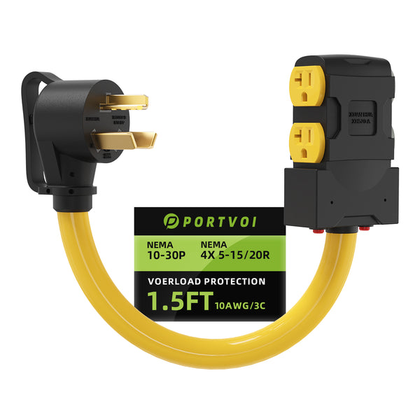 Portvoi 30 Amp to 20/15 Amp Dryer Adapter, NEMA 10-30P to 4X 5-20R/5-15R