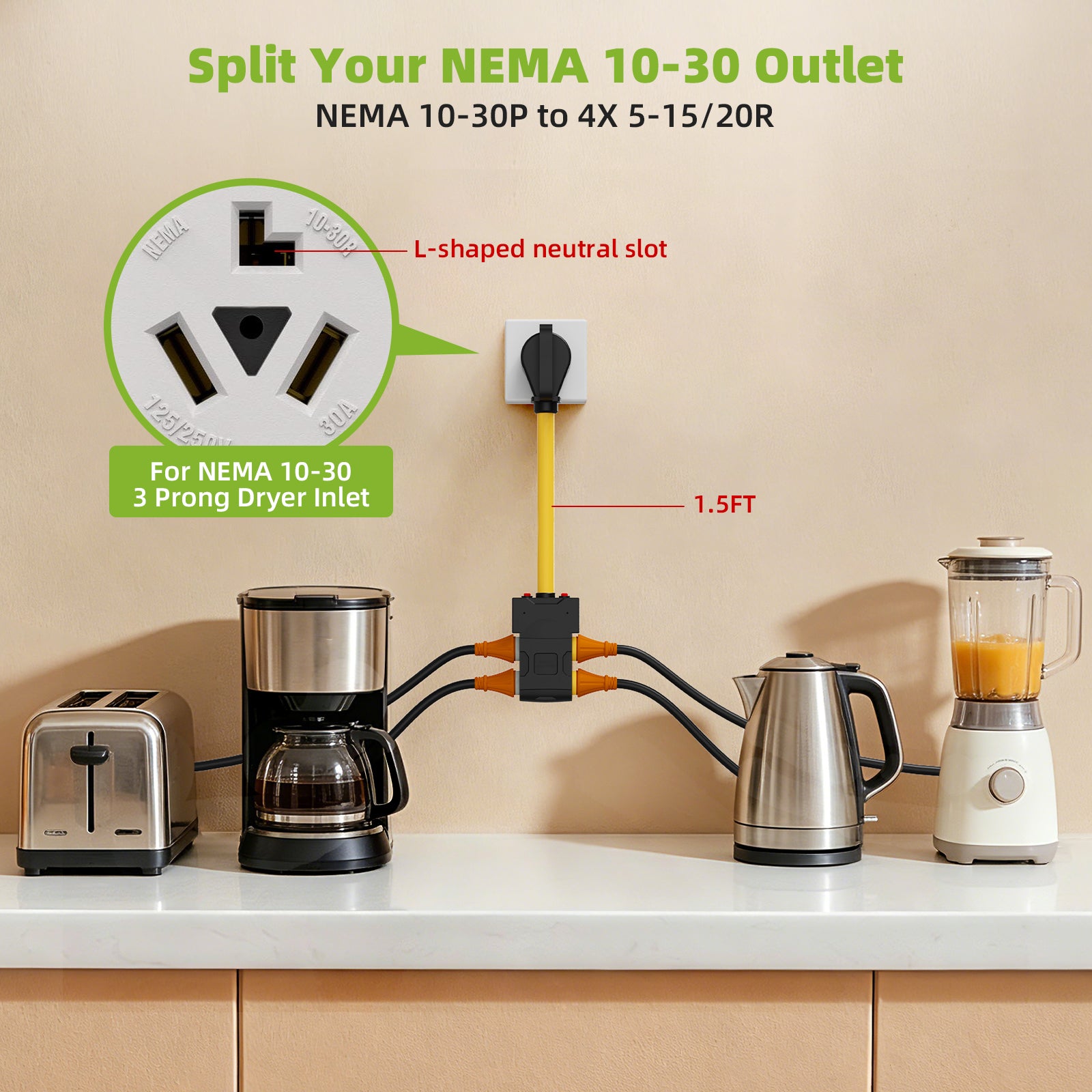 Portvoi 30 Amp to 20/15 Amp Dryer Adapter, NEMA 10-30P to 4X 5-20R/5-15R Secondary image
