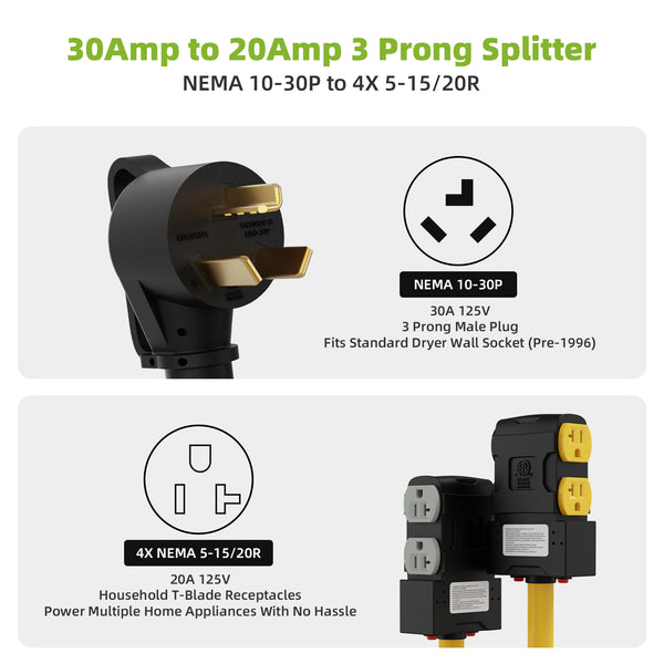 Portvoi 30 Amp to 20/15 Amp Dryer Adapter, NEMA 10-30P to 4X 5-20R/5-15R