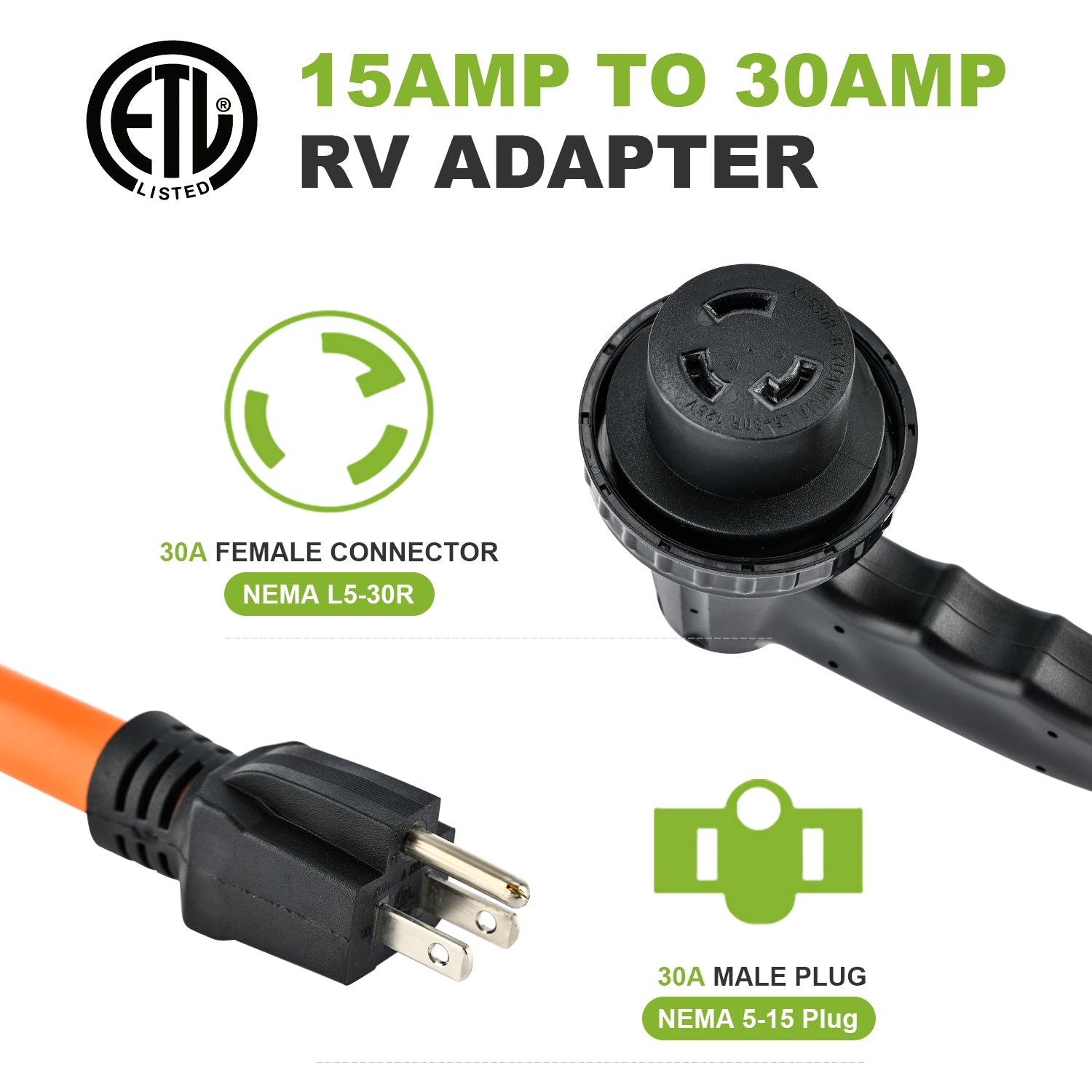 NEMA 5-15P to L5-30R 30A to 110V RV Adapter ETL Listed