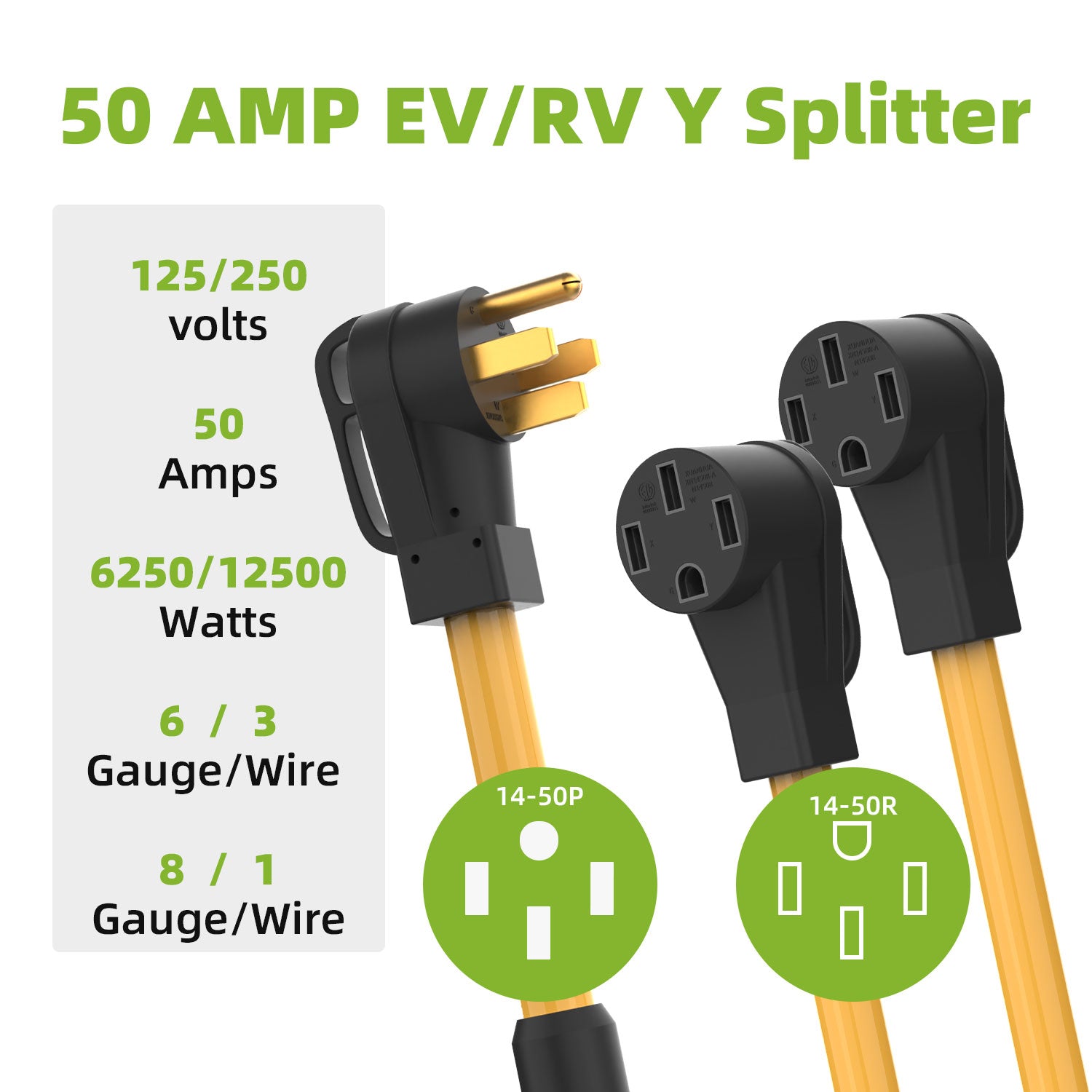 50 AMP Y Splitter Adapter Cord for RV and EV, 4 Prong 250V, NEMA 14-50P to 2X 14-50R,Heavy Duty 6/3+8/1 Gauge STW Wire,Outdoor Power Extension Cord for RV/EV/Tesla Model 3 X Y, 2 Feet Secondary image