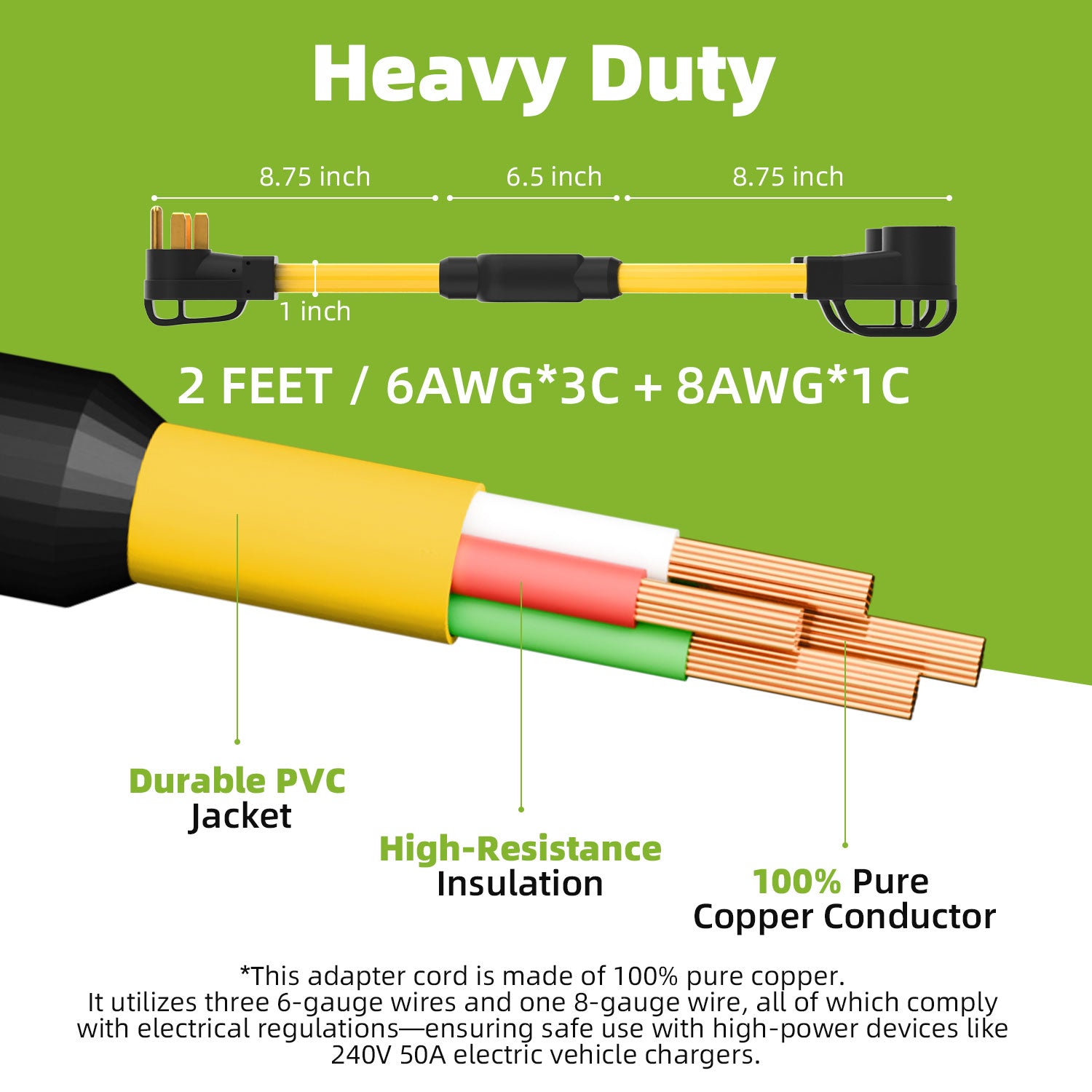 50 AMP Y Splitter Adapter Cord for RV and EV, 4 Prong 250V, NEMA 14-50P to 2X 14-50R,Heavy Duty 6/3+8/1 Gauge STW Wire,Outdoor Power Extension Cord for RV/EV/Tesla Model 3 X Y, 2 Feet-6