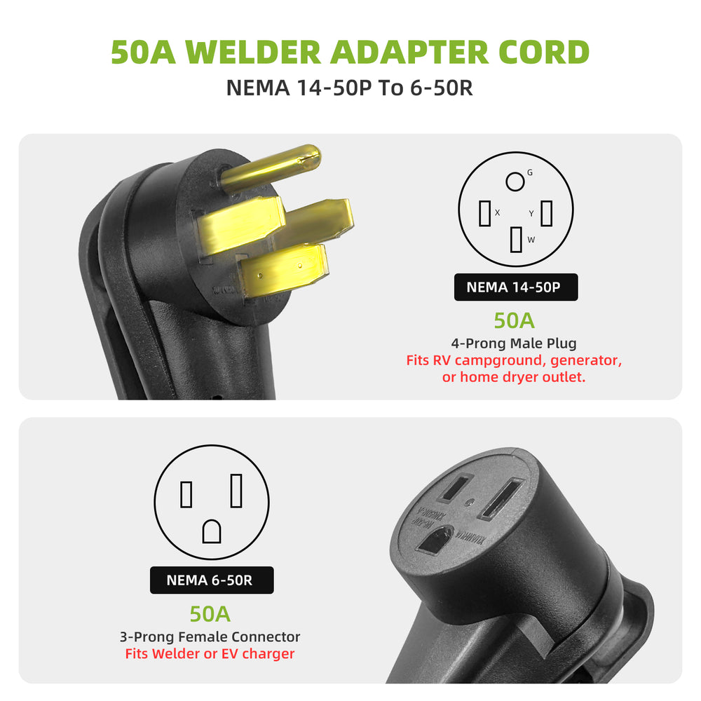 Portvoi 50Amp Welder Adapter Cord, 1.5FT NEMA 14-50P to 6-50R, 50 Amp 250V Heavy Duty Welding Power Cord, STW 8AWG 3-Prong to 4-Prong RV Generator Plug Adapter, ETL Listed