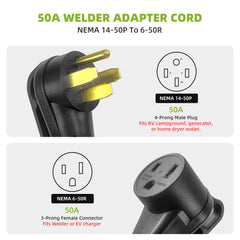 Portvoi 50Amp Welder Adapter Cord, 1.5FT NEMA 14-50P to 6-50R, 50 Amp 250V Heavy Duty Welding Power Cord, STW 8AWG 3-Prong to 4-Prong RV Generator Plug Adapter, ETL Listed