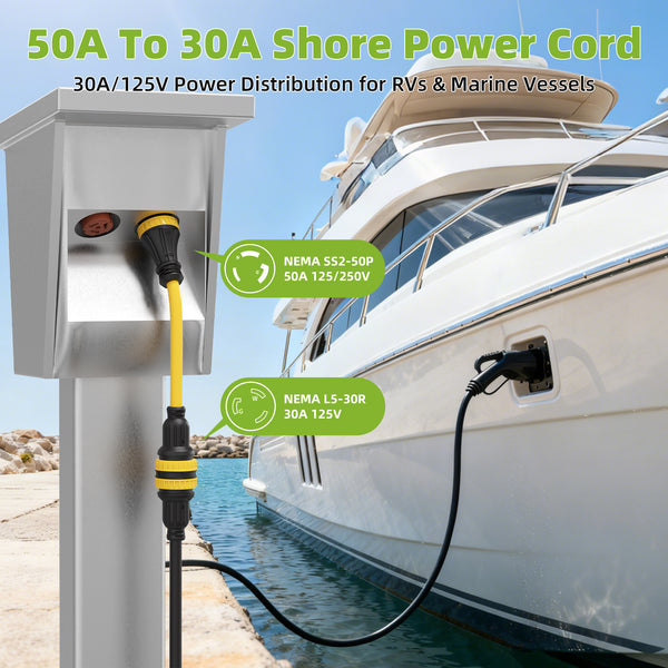 50A to 30A Marine Shore Power NEMA SS2-50P to L5-30R Adapter Cord
