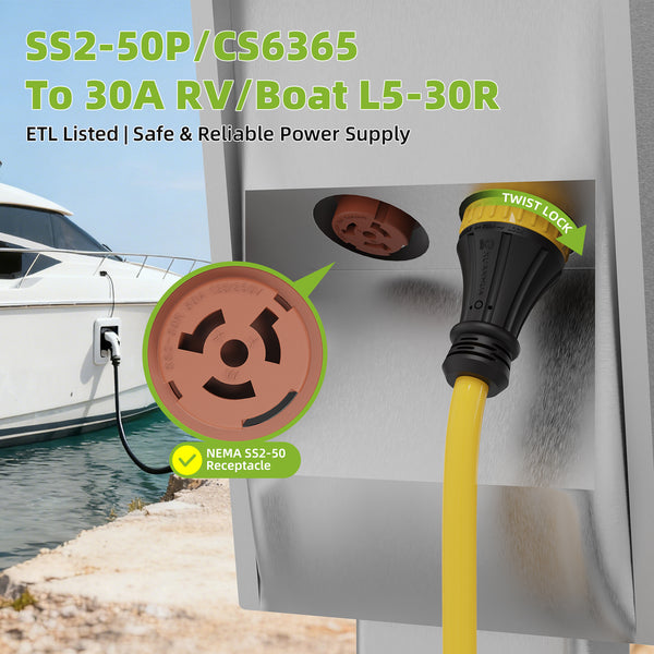 50A to 30A Marine Shore Power NEMA SS2-50P to L5-30R Adapter Cord