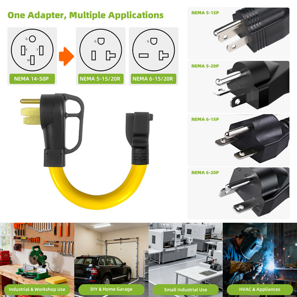 NEMA 14-50P to 6-20/15R & 5-20/15R EV Charger Adapter