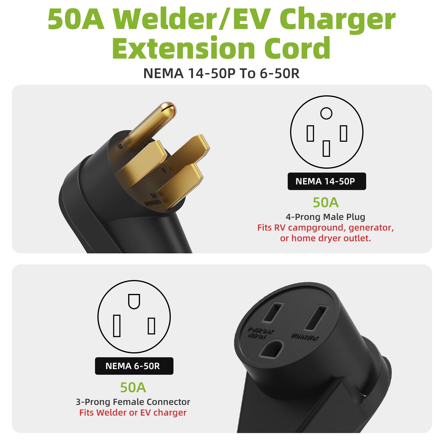 50Amp NEMA 14-50P to 6-50R Welder/EV Adapter Extension Cord 10FT Secondary image