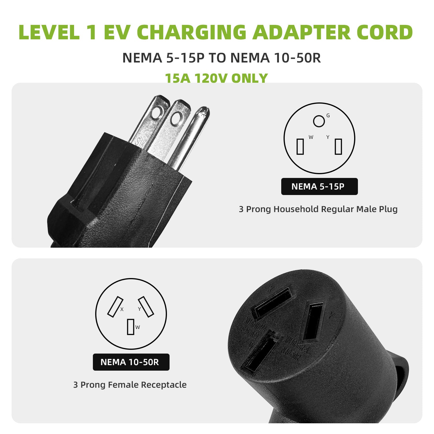 50 Amp to 15 Amp 110V NEMA 5-15P to 10-50R EV Adapter Cord, ETL Listed Heavy Duty STW 10 Gauge for Adjustable Current Portable EV Charger (Not for RV or 240V 220V Devices), ETL Listed 12 Inch Long