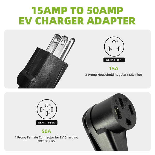 NEMA 5-15P to 14-50R EV Charger Adapter Cord ETL Listed 110V 15A Household to 50A for Level 1 EV Charging, 3 Prong Male to 4 Prong Female Power Cord with Grip Handle