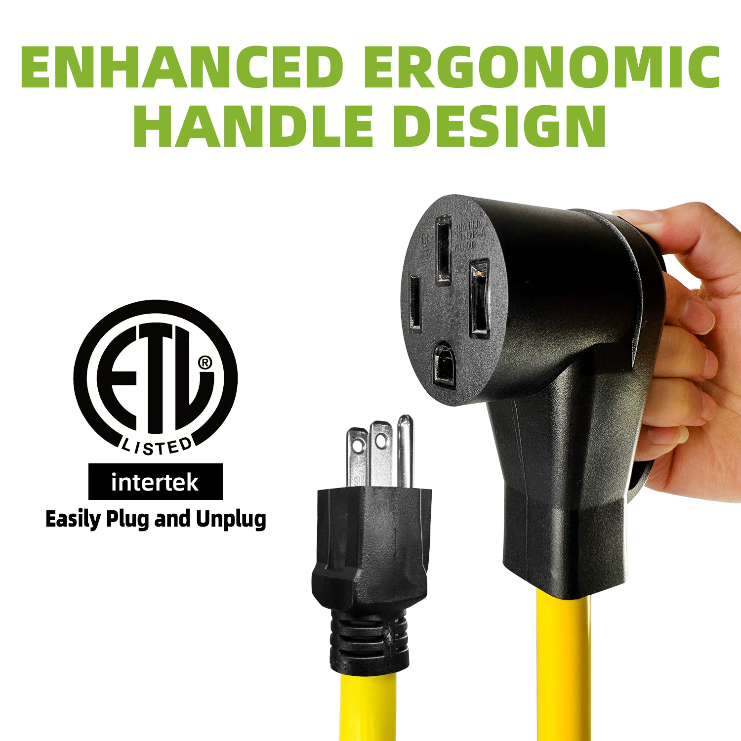 NEMA 5-15P to 14-50R EV Charger Adapter Cord ETL Listed 110V 15A Household to 50A for Level 1 EV Charging, 3 Prong Male to 4 Prong Female Power Cord with Grip Handle